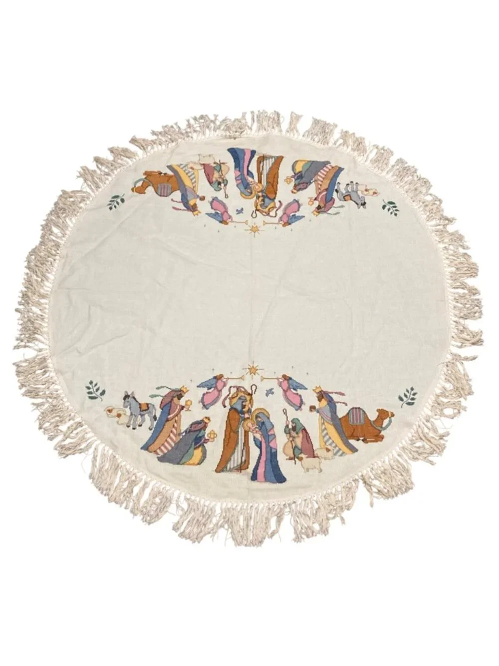 Vintage Christmas Nativity-Themed Round Completed Cross-Stitch Tablecloth